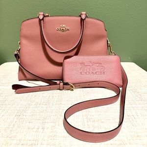Coach Rose pink with gold hardware leather with brown interior purse and wallet